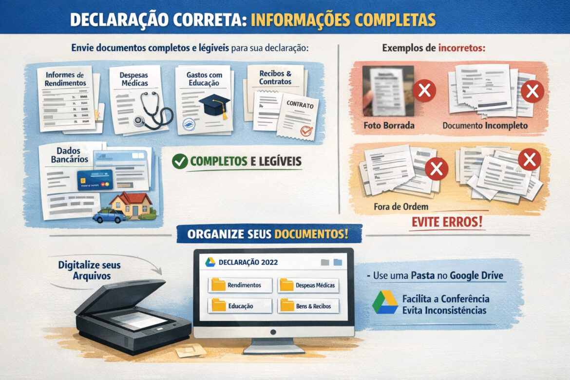 Infográfico sobre dicas de organização dos documentos para declaração do imposto de renda pessoa física.