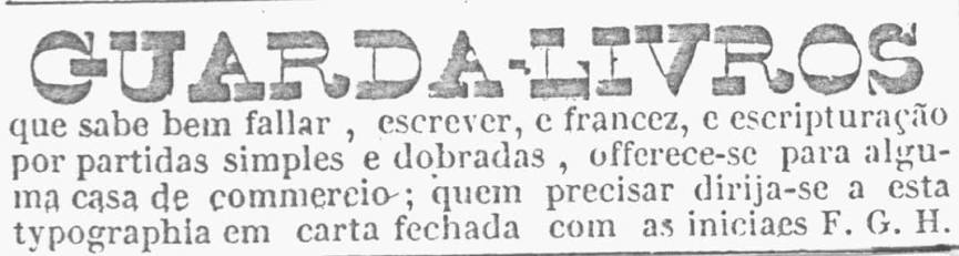 Imagem: reprodução/A história da contabilidade no Brasil/UNIFACS/Classificados do Jornal do Commercio, Rio de Janeiro, 1850.